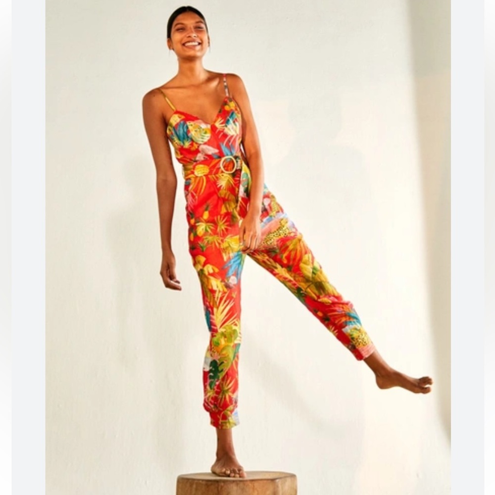 Farm Rio Tropical Jungle Belted Linen Jumpsuit XS